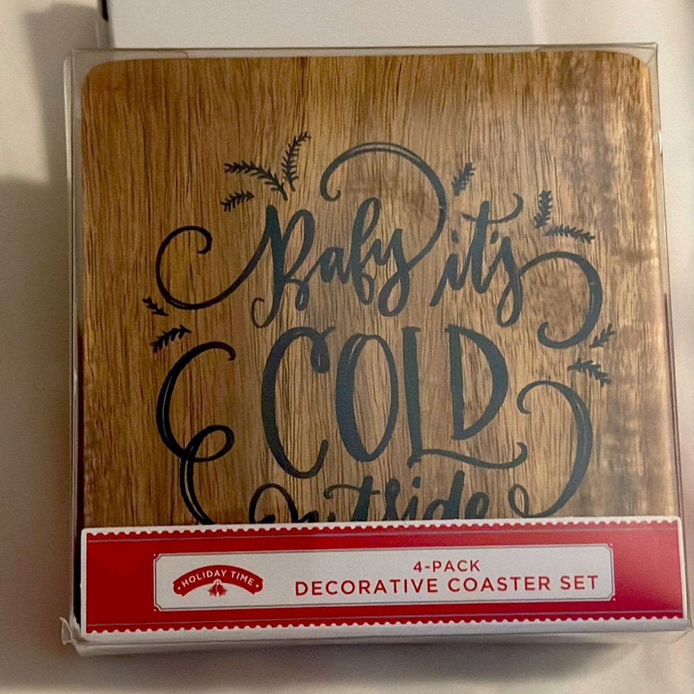 NEW NIB Acacia Wood Coasters Holiday Time Set of 4 BABY ITS COLD OUTSIDE